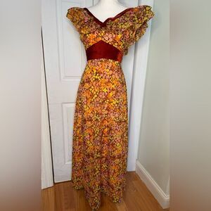 1970s Empire Waist Velvet and Floral Maxi Dress